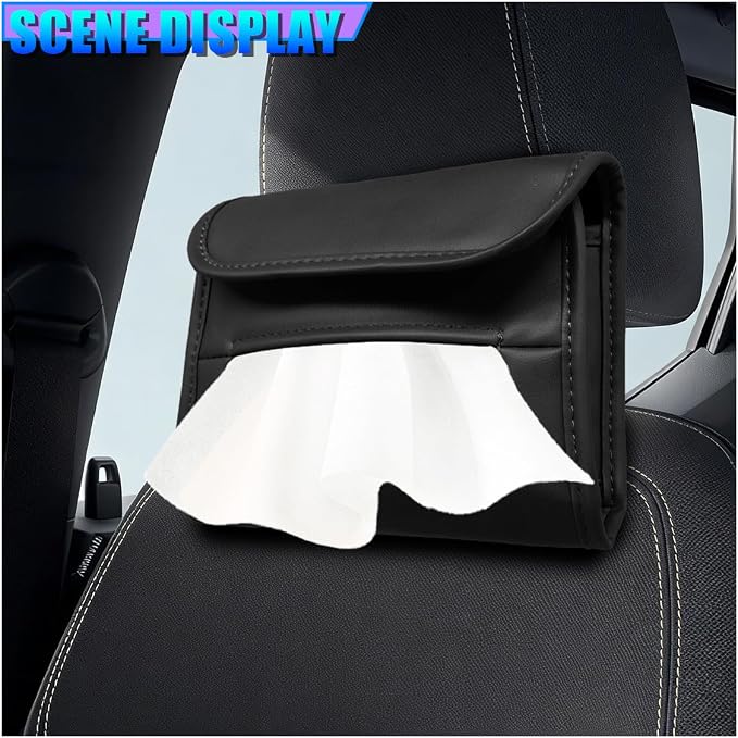 Craedli Car Tissue Holder for Seat Back, PU Leather Backseat Tissue Box Cover, Rectangular Auto Headrest Napkin Case Tissues Storage Organizer for Sedan RV Truck, Keep Car Tidy (Black) - Image 3