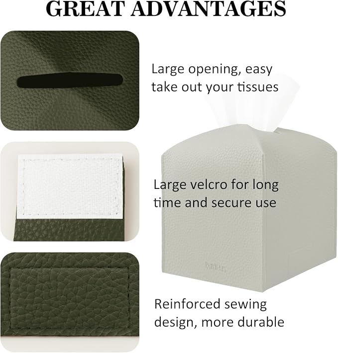 Tissue Box Cover Holder Square Tissue Cube Cover PU Leather Tissue Organizer with Bottom Belt for Bathroom, Tabletop, Car, Night Stands, Office, Home, Kitchen (1, OliveGreen) - Image 5