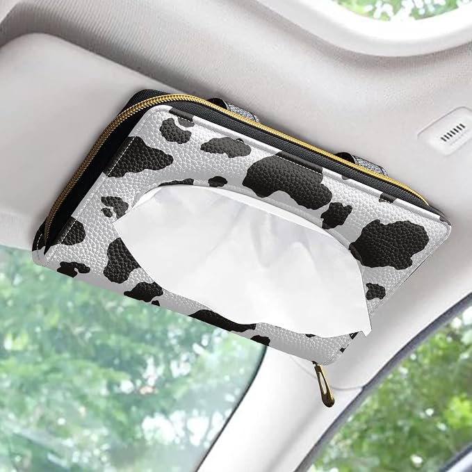 Biyejit 2 Pack Car Tissue Holder, Black and White Cow Print Sun Visor Napkin Holder, Car Visor Tissue Holder, PU Leather Backseat Tissue case Holder for car, Vehicle - Image 2