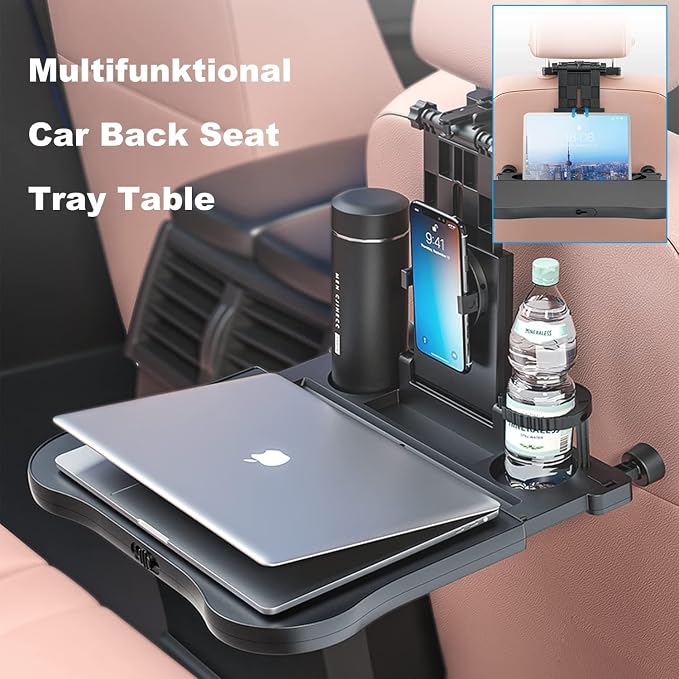 Car Back Seat Tray Table - Stable Foldable Auto Backseat Food Trays Desk for Rear Passenger Road Trip Eating & Work, Multifunctional Adjustable Travel Tray with Phone Drink Holder for Laptop iPad - Image 8