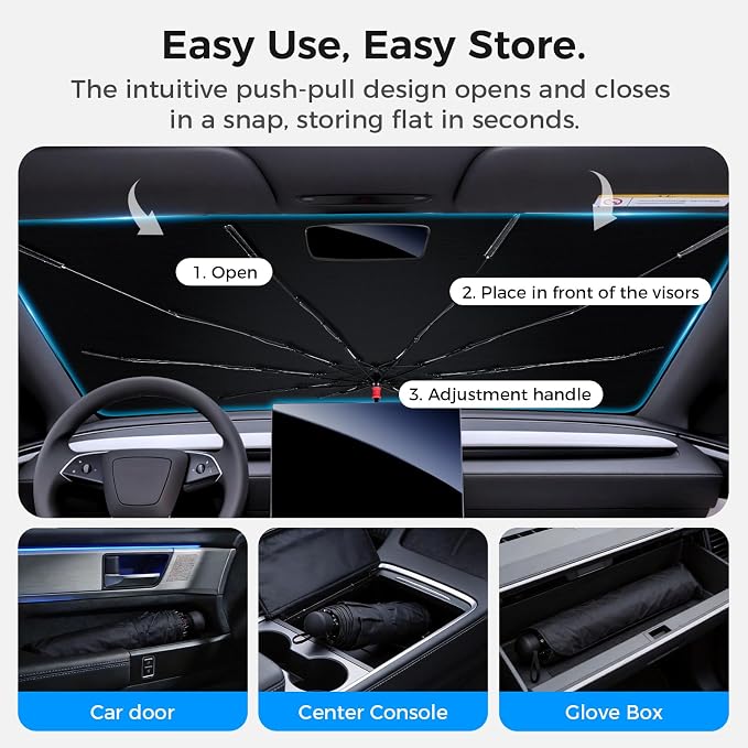 Windshield Sun Shade Umbrella, Foldable Car Sunshade for Front Windshield, UV Block & Heat Reduction Sunshade, Durable Reinforced Frame, Easy Install Sunshade for Cars, SUVs & Trucks (57" x 32") - Image 8