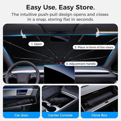 Windshield Sun Shade Umbrella, Foldable Car Sunshade for Front Windshield, UV Block & Heat Reduction Sunshade, Durable Reinforced Frame, Easy Install Sunshade for Cars, SUVs & Trucks (57" x 32") - Image 8