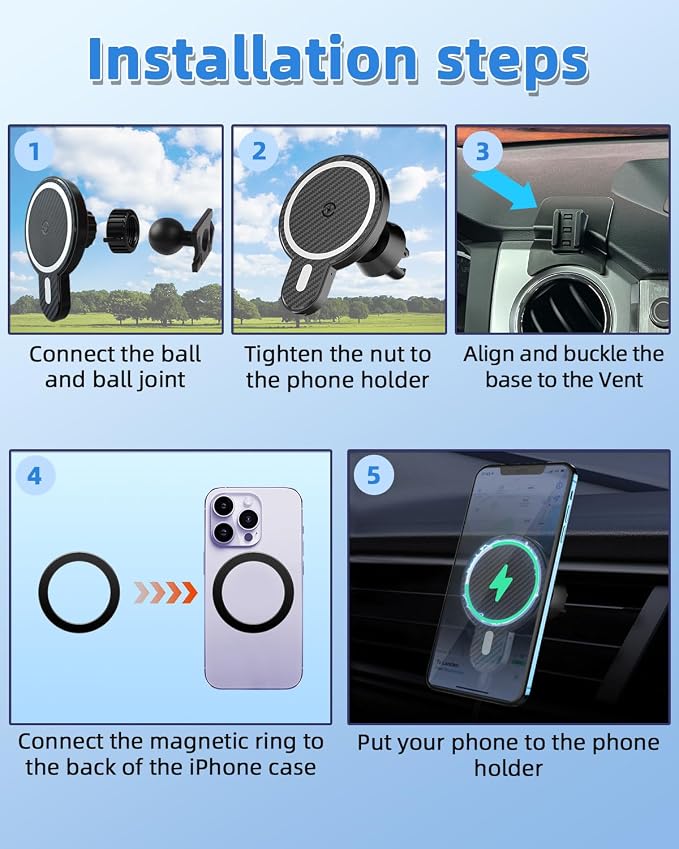 PZK Car Phone Mount for Toyota Tundra 2014-2021 Accessories Custom Air Vent | Magnetic 15W Fast Wireless Charger Car Phone Holder 360° Rotation Hands Free Fixed Clip Magsafe Tundra Cell Phone Cradles - Image 9