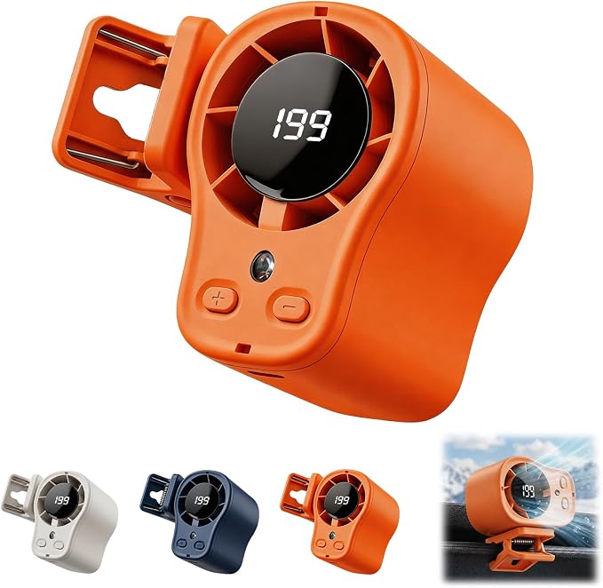 Car Clip on Air Conditioner Fan with LED Display, 360° Rotation, 199 Speeds, Cooling Technology, USB Rechargeable Personal Fan, Hands-Free Clip on Fan for Cars, Work, Camping (Orange) by KoyunWong