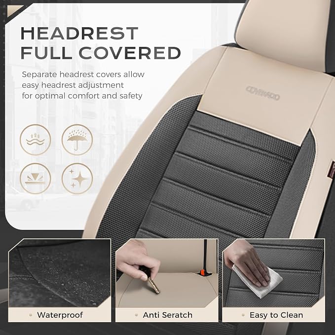 Coverado Car Seat Covers Front Seats, Luxury Leather Car Seat Covers, Automotive Mesh Seat Covers 2 Pack, Airbag-Compatible, Black Beige Seat Covers for SUV Sedan Truck - Image 3