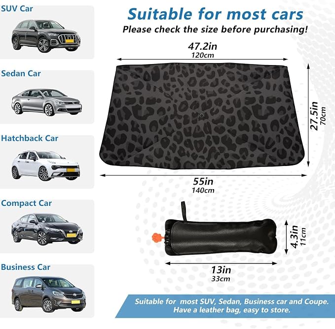 Black Leopard Windshield Sun Shade Umbrella African Animal Skin Print Foldable Car Front Window Sunshade Blocks UV Rays Heat Keep Vehicle Cool (55" x 27.5") - Image 4