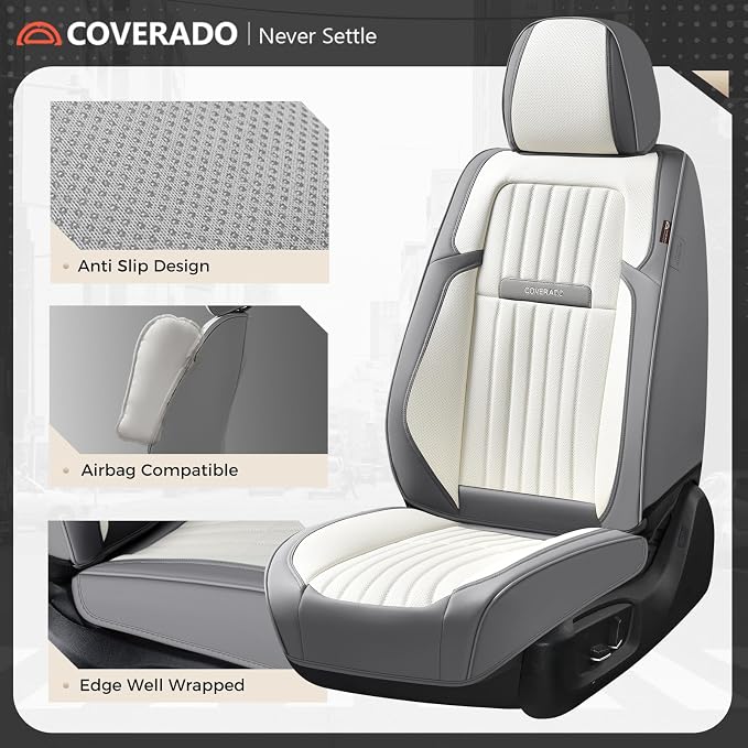 Coverado Car Seat Covers Front Seats, Seat Covers for Cars, Car Seat Protector, 2-Pack Car Seat Cushion Nappa Leather, Waterproof Seat Covers Carseat Cover Universal Fit for Most Cars(Gray&White) - Image 5