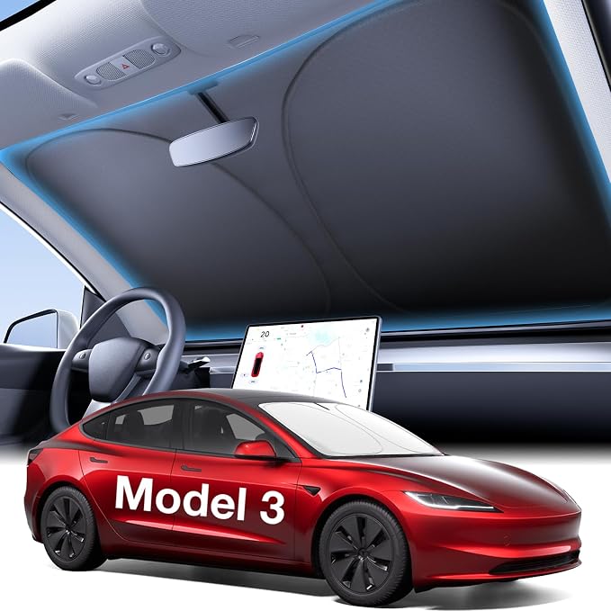 Wigoo for Tesla Model 3 Windshield Sunshade, OEM Design, 100% Sun Block | Custom Fit, Cooling Tech Fabric, Foldable Heat-Blocking Sunshade with Storage Bag, for Model 3 2017-2026 Accessories by wigoo