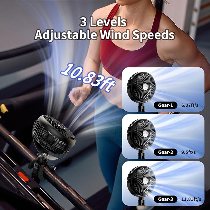Socool 5000mAh Portable Car Fan Rechargeable Battery Powered, 3-Speed Car Seat Clip on Fans for Baby Kids Backseat Cooling, Mini Stroller Fan 360° Rotation for Crib Golf Treadmill Travel - Image 4