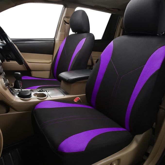 Flying Banner Car Seat Covers Full Set Front Seats and Rear Bench Mesh Fabric Splicing Polyester Cover Black with Purple Color - Image 4