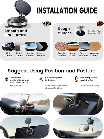 Lamicall 15W for MagSafe Car Mount Charger, 360° Wireless Car Phone Holder | Dual USB-C Ports Magnetic Phone Holder for Car, 70 LBS Vacuum Suction Phone Mount for iPhone 17 16 Pro Max Truck Jeep Silver - Image 7
