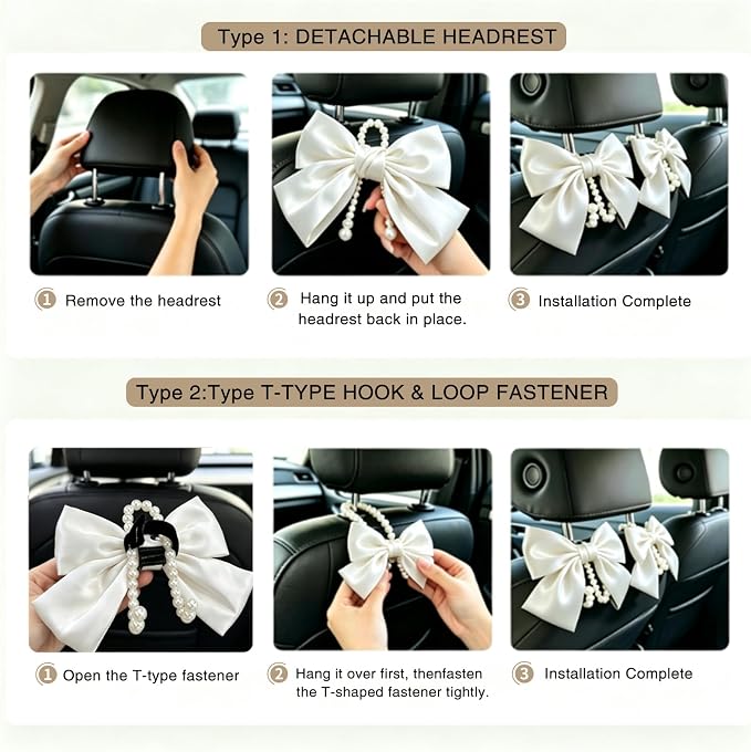2 Pack Pearl Car Seat Headrest Hook with Bow & Sequin/Leopard/Polka Dot Design – Cute Purse Hanger for Vehicle,Grocery Bags, Umbrellas, Seat Back Organizer for Women (White) - Image 6
