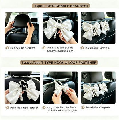 2 Pack Pearl Car Seat Headrest Hook with Bow & Sequin/Leopard/Polka Dot Design – Cute Purse Hanger for Vehicle,Grocery Bags, Umbrellas, Seat Back Organizer for Women (White) - Image 6