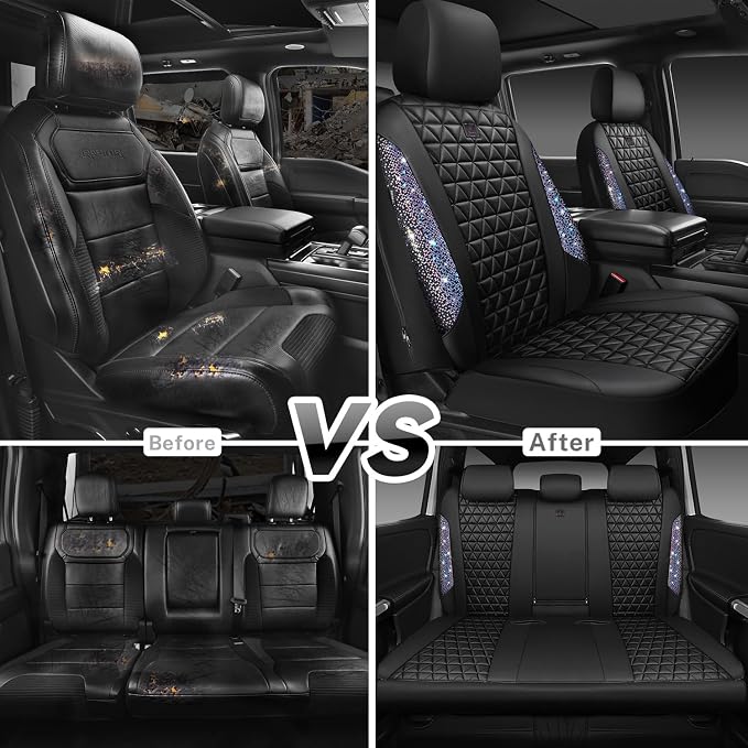 CAR PASS Bling Diamond Black Leather Car Seat Covers Full Set Interior Sets, Waterproof Shining Glitter Sparkly Crystal Armrest Fit Automotive Truck SUV Cute Women Girl, Bedazzed Iridescent Rhinestone - Image 6