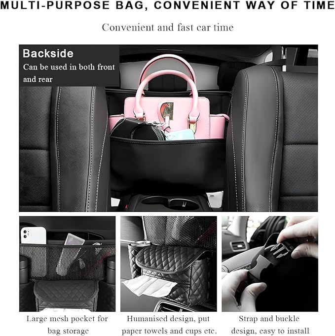 DXNQ Car Purse Holder Between Seats, Luxury Leather Front Seat Back Handbag Organizer with Tissue Box Cup Holders, Auto Large Capacity Multi Pocket Purse Holder Hanging Storage Bag (Beige) - Image 4