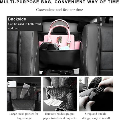 DXNQ Car Purse Holder Between Seats, Luxury Leather Front Seat Back Handbag Organizer with Tissue Box Cup Holders, Auto Large Capacity Multi Pocket Purse Holder Hanging Storage Bag (Beige) - Image 4