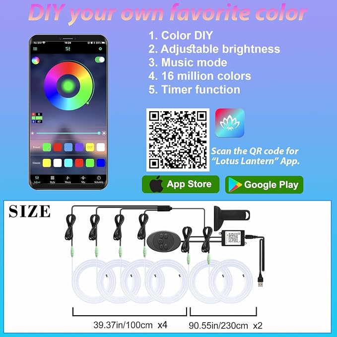 6 in 1 Car Led Strip Lights with App Control, RGB Colors Interior Car Lights, Ambient Led Lighting Kit, 4 Light Flashing Modes, USB Neon Accessories for Doors, Center Console - Image 7