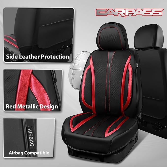 CAR PASS Nappa Leather Car Seat Covers, Durable Waterproof Luxury Universal Seat Covers for SUV Pick-up Truck Sedan, Anti-Slip Driver 5 Seat Covers Full Set with Backrest, Black Metallic Red - Image 6