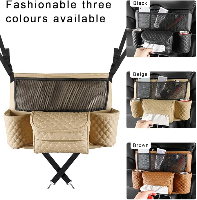 DXNQ Car Purse Holder Between Seats, Luxury Leather Front Seat Back Handbag Organizer with Tissue Box Cup Holders, Auto Large Capacity Multi Pocket Purse Holder Hanging Storage Bag (Beige) - Image 6