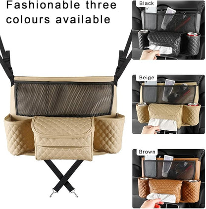 DXNQ Car Purse Holder Between Seats, Luxury Leather Front Seat Back Handbag Organizer with Tissue Box Cup Holders, Auto Large Capacity Multi Pocket Purse Holder Hanging Storage Bag (Beige) - Image 6