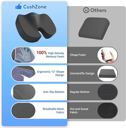 CushZone XL Memory Foam Seat Cushion for Office, Car & Wheelchair, Gray | U-shaped Coccyx Cutout, Contoured Design, Breathable Removable Mesh Cover, Non-Slip Base, Carry Handle - Image 3