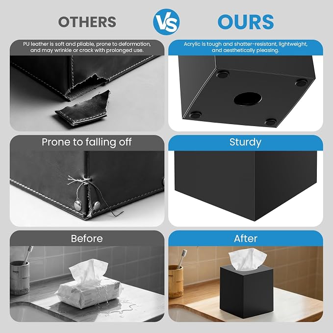 2 Pack Tissue Box Cover, Square Acrylic Tissue Holder Non-Slip Base, Black | modern,non-slip,easy to refill,compatibility for tissue & rollsfor bathroom countertops,dressers,night stand,parlors,office - Image 5