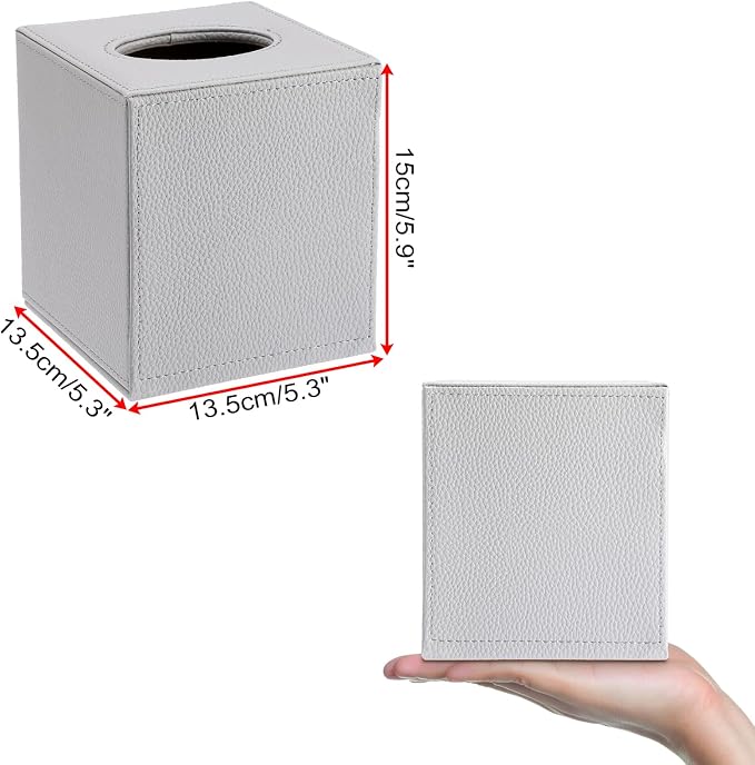 Sumnacon Tissue Box Cover Square,Magnetic Bottom PU Tissue Box Holder,Grey | Stylish Cube Leather Tissue Cover,Lychee Pattern,Decorative Tissue Box Covers for Living Room Bathroom Table Desk Office Car - Image 3