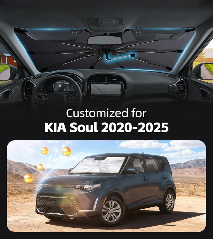 Windshield Sun Shade for Kia Soul 2020-2025 with 360° Rotating Shaft | Custom Fit Umbrella Sunshade for UV Blocking, Interior Heat Protection, Easy Storage, UPF 50+ Cool Windshield Cover - Image 2
