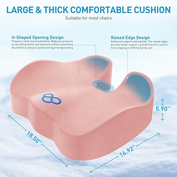 BlissTrends Extra Thick Seat Cushion for Office Chair & Car Seat, Pink | XX-Large Tailbone & Sciatica Relief, Ergonomic Support, High-Density Memory Foam, Comfort for Extended Sitting - Image 3