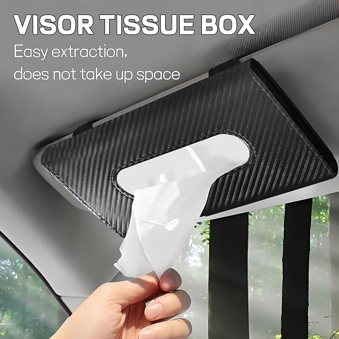 Car Tissue Holder, PU Leather Sun Visor Tissue Box (Carbon Fiber) | Wear-Resistant & Waterproof, Napkin & Mask Dispenser, Metal Memory Clips, Easy Refill, Fits Most Vehicles - Image 6
