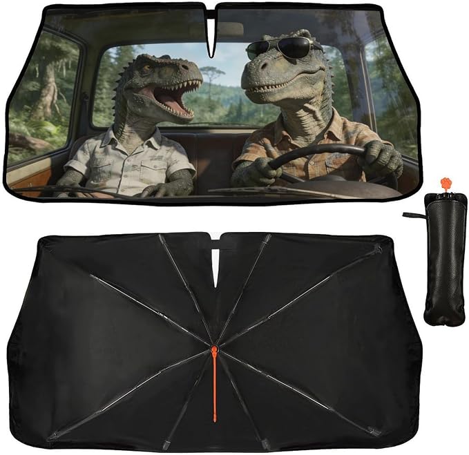 Dinosaur Car Windshield Sun Shade Umbrella Bendable Handle Foldable Funny Dinosaur Animal Driving Sunshade for Car Windshield Block UV Rays Keep Vehicle Cool for Most Sedans SUV Trucks 57"x30" by DOPINDU