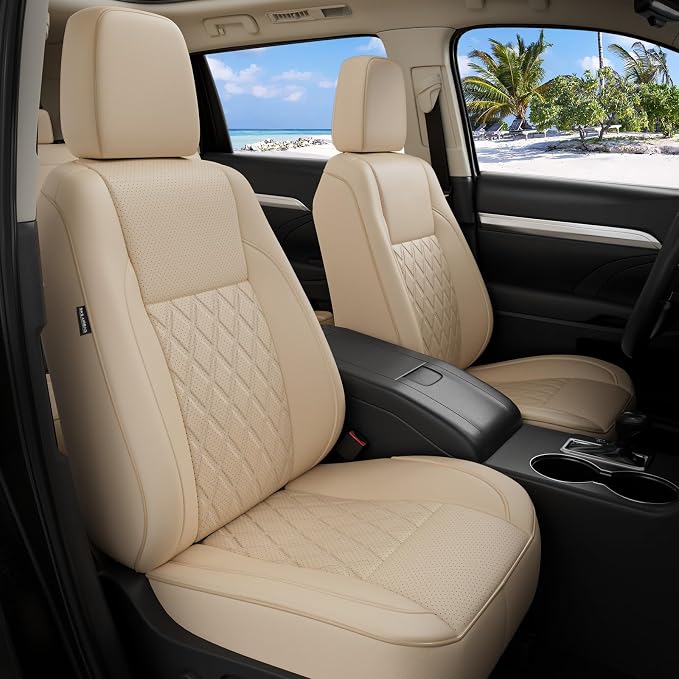 Custom Seat Covers for Toyota Highlander 2014-2019 7 Seats Beige | faux leather, 2nd row captain chairs, waterproof, breathable, airbag compatible, stain resistant, easy install, durable by FEINEPRO