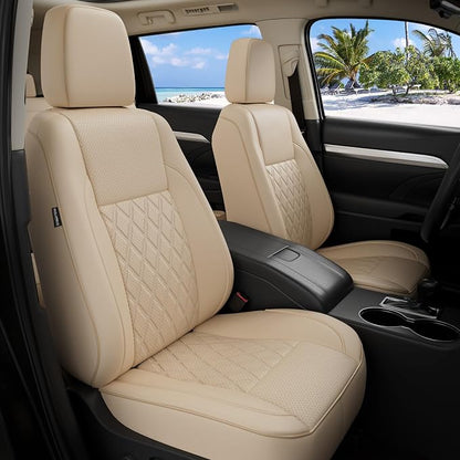 Custom Seat Covers for Toyota Highlander 2014-2019 7 Seats Beige | faux leather, 2nd row captain chairs, waterproof, breathable, airbag compatible, stain resistant, easy install, durable by FEINEPRO