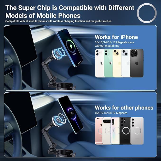 This Hill for Magnetic Cup Holder Charger, 360° Rotating Wireless Magnetic Car Charger, Fast Charging Phone Holder for iPhone 17 16 15 14 13 12 and Samsung Galaxy S20 Above Series [With QC 3.0 Adapter - Image 7