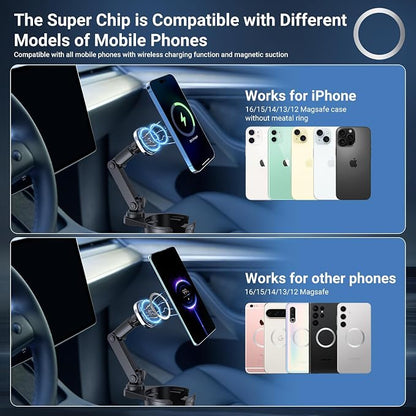This Hill for Magnetic Cup Holder Charger, 360° Rotating Wireless Magnetic Car Charger, Fast Charging Phone Holder for iPhone 17 16 15 14 13 12 and Samsung Galaxy S20 Above Series [With QC 3.0 Adapter - Image 7