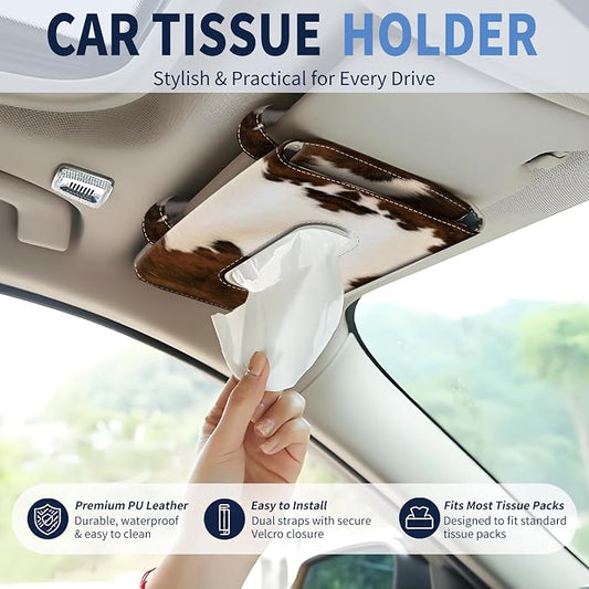 Car Tissue Holder, Cute Sun Visor Napkin Holder Backseat Tissue Case, PU Leather Tissue Box, Funny Car Accessories for Women Men Retro Brown Cowhide - Image 2