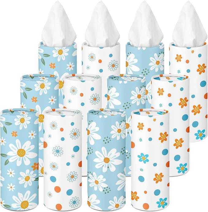 Arttown Car Tissue Holder for Cup Holder Facial Tissues 12 Pack Daisy | Flower Bulk 3-Ply,Refillable Marble Print Cylinder Tissue Boxes,Fit Car Home Office School (600 Sheets Total,50 Sheets Each) by Arttown