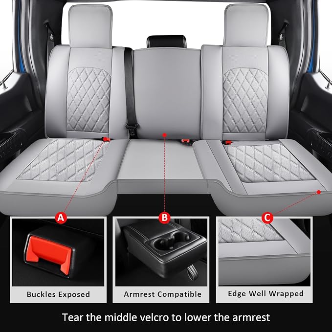 Seat Covers Full Set Gray for 2009-2026 Dodge Ram 1500/2500/3500 | Leather Ram Seat Cover,Waterproof Truck Seat Covers,Gray Seat Cover,Heavy Duty Seat Cushion With Split Curved Bench 40/60 - Image 3