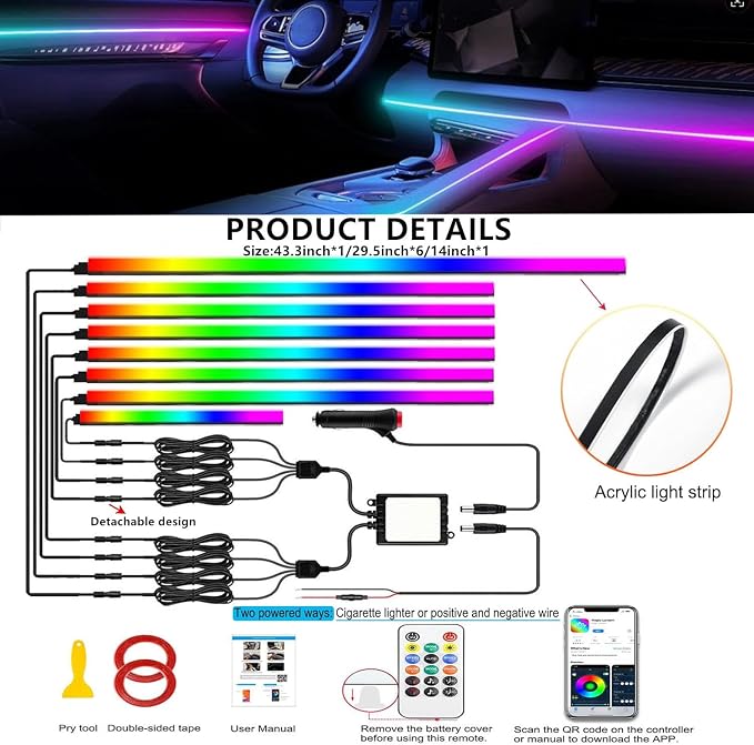 Interior Car LED Strip Lights, Acrylic LED Lights for Car with Dynamic Dreamcolor Chasing,RGB+IC 8 in 1 235 inches 800 LEDs Ambient Lighting Kits Music Sync Wireless APP and Remote Control - Image 8