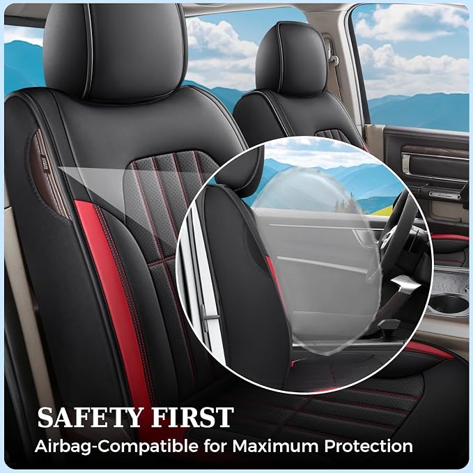 Truckiipa Dodge Ram 2 Front Seat Covers Custom Fit for 2002-2025 2026 1500 2500 3500 Pickup Crew Double Quad Cab Laramie Big Horn Full Coverage Waterproof Leather Truck Seat Protectors, Red - Image 4