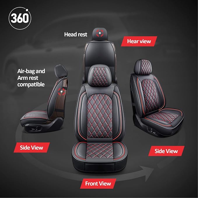2PCS Front Seat Covers, Leather Car Seat Covers for Sedan, Truck,SUV | Black and Red Seat Cover,Breathable Car Seat Cover,2PCS Front Universal Seat Protector For Families, Pets - Image 6