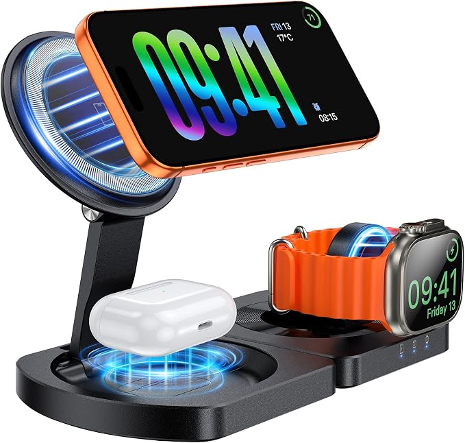 Wireless Charger for iPhone, 3-in-1 Magnetic Charging Station for Apple, MagSafe Charger Stand for iPhone 17 Air 16 15 14 13 12 Series, Airpods Pro, Apple Watch Ultra, Foldable, No Adapter, Black | Compatible with iPhone 17 Air 16 15 14 13 12 Series, A... by WelcometoEGV