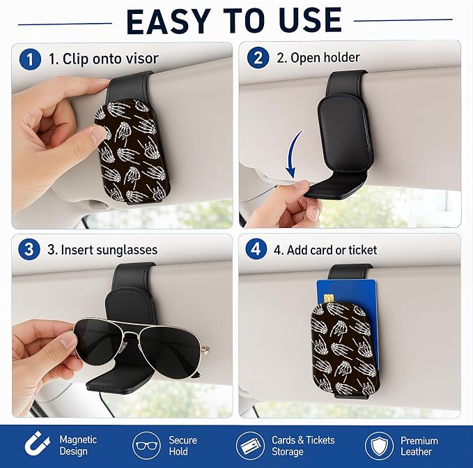 Leather Magnetic Sunglass Holder for Car Sun Visor, Cute Eyeglass Ticket Card Hanger Clip, Universal Auto Interior Accessories for SUV Pickup Truck, Brown Skeleton - Image 5