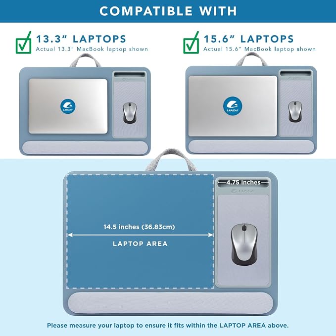 LAPGEAR Home Office Pro Lap Desk - Slate Blue, Fits 15.6” Laptops | Built-In Mouse Pad & Phone Slot, Wide Cushioned Wrist Rest, Dual-Bolster Microbead Cushion, Carry Handle - Image 3