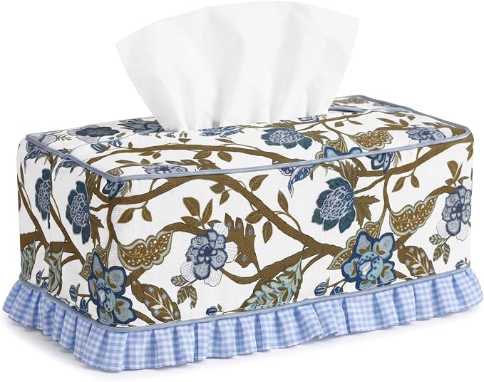 Block Print Fabric Tissue Box Cover, Chinoiserie, Navy Blue | Rectangular Ruffle Sleeve, Decorative Holder for Bathroom Vanity Car, Napkin Dispenser Grand Millennial Boho Decor Home by Acellegic