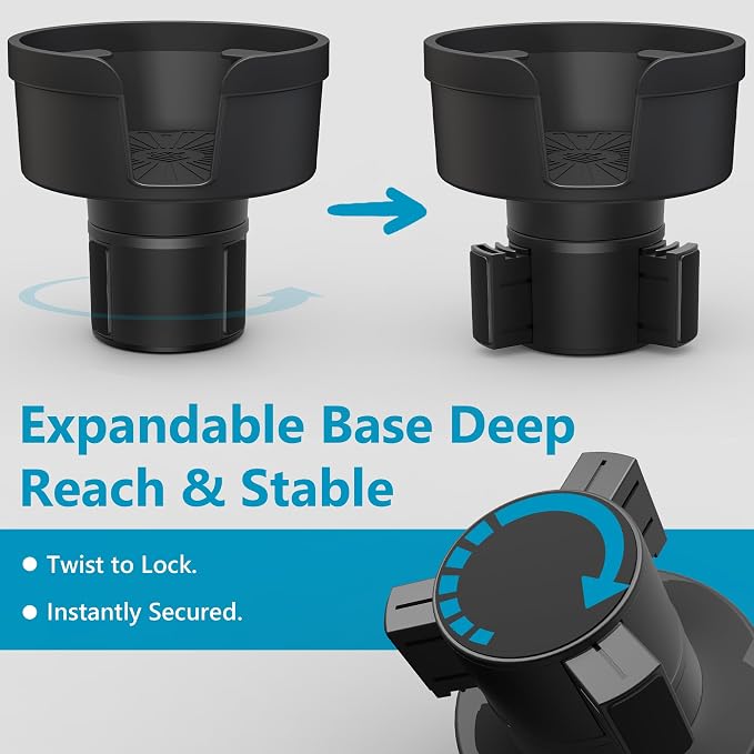SEVEN SPARTA Car Cup Holder Expander for 10-24oz Travel Mugs & Coffee Cups | Low Profile Version for Yeti, Stanley & Hydro Flask Mugs 10-24oz, Adjustable Offset Base with Lock Ring, Fits 3.5"-4" Cups - Image 6