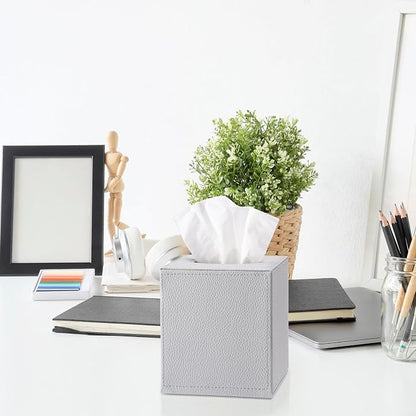 Sumnacon Tissue Box Cover Square,Magnetic Bottom PU Tissue Box Holder,Grey | Stylish Cube Leather Tissue Cover,Lychee Pattern,Decorative Tissue Box Covers for Living Room Bathroom Table Desk Office Car - Image 2