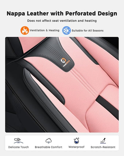 Huidasource Seat Covers Full Set Luxury Nappa Leather, Seat Covers with Velcro Adjustable, Airbag, Lumbar Support, Cooling＆Heating, Car Seat Cover Set Universal Fit for Most Cars SUV Trucks Black＆Pink - Image 7