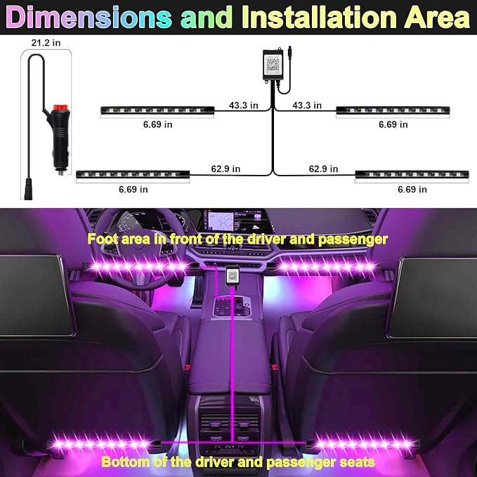 BFXM Car Interior Lights, 2 Set LED Lights Strip with USB Adapter | LED Lights for Car, Car Ambient Lighting, App & Remote Control Music Sync Color Change Lights for Truck Car Decor - Image 2