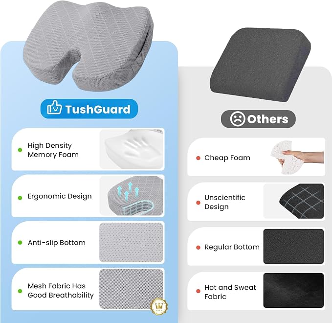 Memory Foam Office Chair Seat Cushion - Light Grey, Large | for Car Seat, Airplane, Desk Chair - Sciatica & Hip & Coccyx Pain Relief Cushion for Long Sitting Office Workers, Car Drivers - Image 6